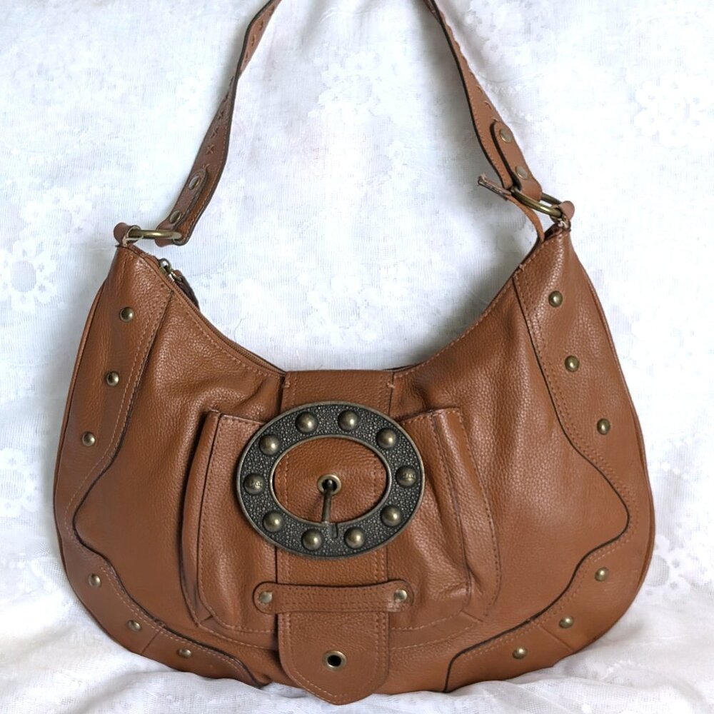 HYPE Vintage Brown Pebbled Leather Brass Buckle Hardware Tote Shoulder Bag Purse